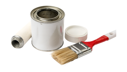 A metal can of white paint with its lid removed and a paintbrush with a red handle lying next to it isolated on transparent background