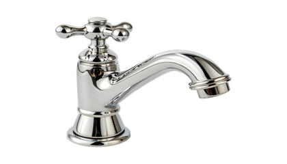 A classic chrome plated brass basin mixer tap with a cross shaped handle and a curved spout isolated on transparent background