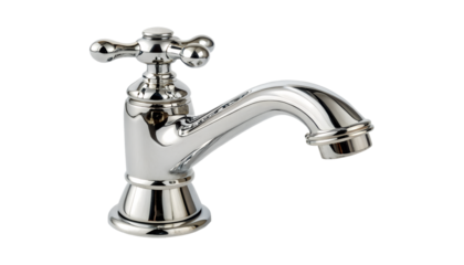 A classic chrome plated brass basin mixer tap with a cross shaped handle and a curved spout isolated on transparent background