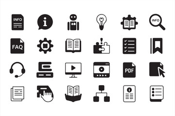 Collection of Black and White Icons Representing FAQ, Documents, and Information