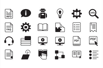 Digital Media and Document Icons for FAQ, Data, and Information in Black and White