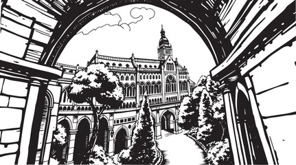 Drawing of a historic building with classical architecture, isolated on a white background. Classical architecture vector.	