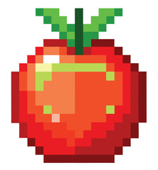 Pixelated red apple with green leaves and stem. Ideal for use in retro-style educational materials, healthy eating campaigns, vintage game design, food-themed icons, or as a nostalgic decorative.