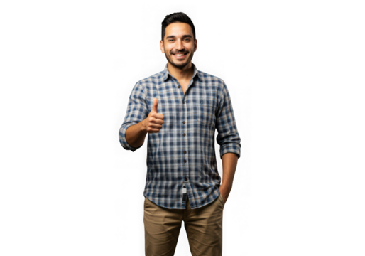 Smiling man giving thumbs up gesture on transparent background