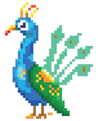 Pixel art peacock with vibrant blue feathers and a green tail. Ideal for use in educational children’s games, traditional festival-themed digital designs, retro-style mobile game characters.