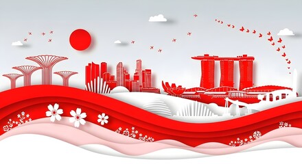 Celebrate Singapore's Independence Day with this vibrant paper-cut illustration of the city skyline. Perfect for patriotic themes and national events.