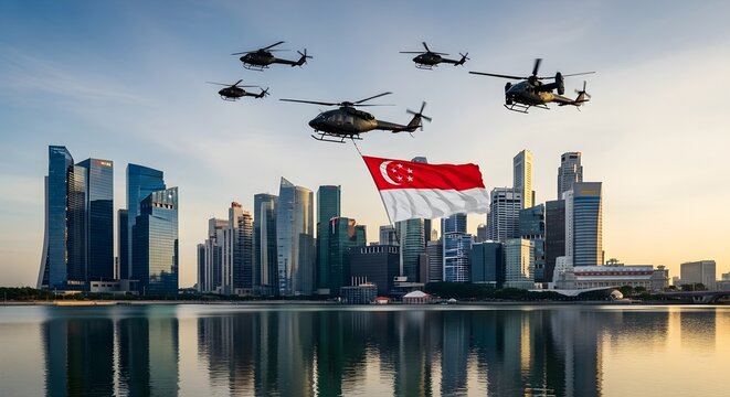 Singapore Independence Day celebration with helicopters flying past the city skyline carrying the national flag. Patriotic and festive. - Powered by Adobe