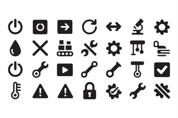 Set of Icons Representing Tools, Technical Operations, and Safety in Bold Black and White