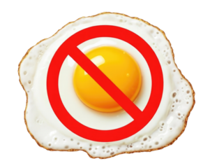 No egg symbol in red circle with a diagonal line over a fried egg on a transparent background, cutout PNG