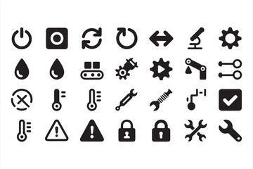 Black and White Icons for Machinery, Tools, and Operations in Simple Design