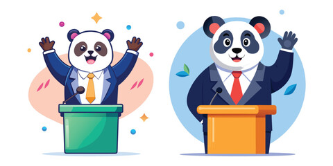Panda CEO delivering an inspiring motivational speech at podium, business leadership concept, corporate success, professional presentation, confident executive vector illustration