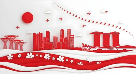 Celebrate Singapore Independence Day with this modern red and white illustration featuring iconic landmarks. Perfect for travel, holiday, and cultural themes.