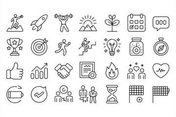 Collection of Success, Growth, and Goal-Oriented Icons in Simple Line Art