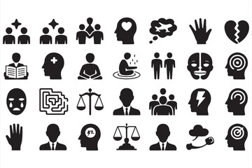 Set of Black and White Mental Health and Psychology Icons for Therapy and Emotional Well-being