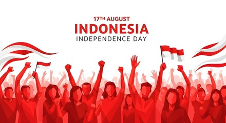 Celebrate Indonesian Independence Day! This illustration showcases the spirit of the 17th of August with crowds and national pride. Great for patriotic themes and designs.