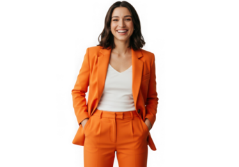 Woman smiling in orange suit portrait on transparent background