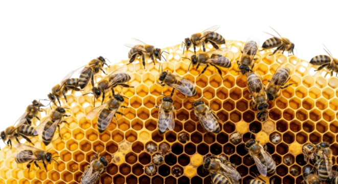 Bees collecting nectar and tending to honeycomb inscribed in hexagonal cells transparent background, cutout PNG