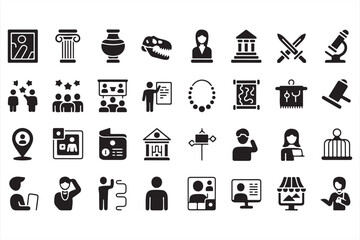 Collection of Black and White Icons Representing Culture, Education, and Government – Historical, Social, and Learning Symbols