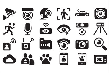 Collection of Security, Camera, and Video Icons in Bold Black and White