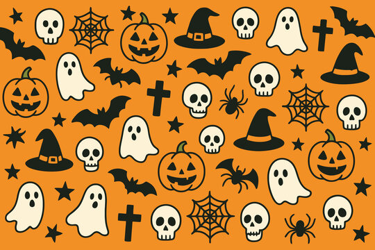 Whimsical halloween icons scattered across a vibrant orange background