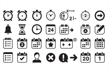 Icons for Time Management, Alerts, and Calendar Scheduling in Black and White