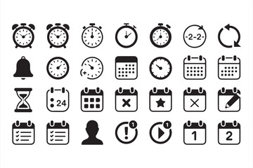 Comprehensive Set of Time, Schedule, and Calendar Icons in Bold Black and White