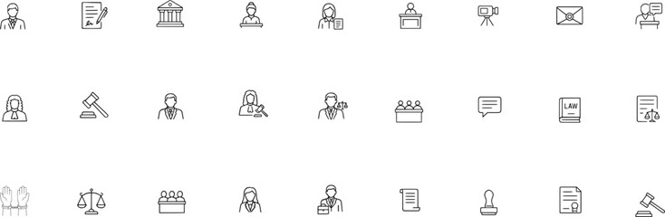 Legal and Justice Stroke Icon Collection. Containing Judge, Court, Lawyer, Scales of Justice, and more icons. Editable Stroke icon collection.