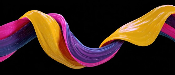 Liquid ribbon in bold color blocking, dynamic twist of lemon yellow coral pink deep purple electric blue, glossy 3D abstract art for motion graphics, digital wallpaper, UI design

