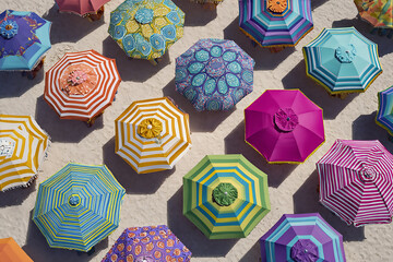 A collection of diverse and colorful patterned beach umbrellas scattered on the sand