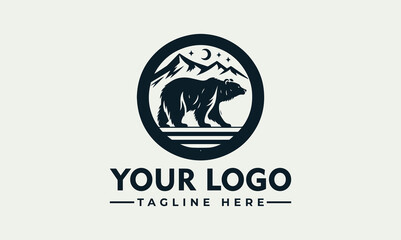 Nocturnal bear silhouette logo design, encircled by mountains and celestial bodies.