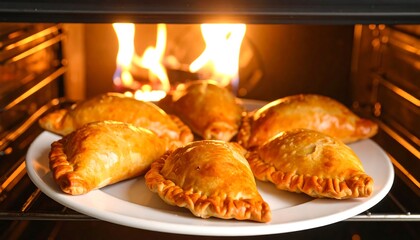 Baked empanadas on a plate in an oven
