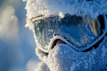 Frost covered ski mask with soft texture highlighting snowy winter landscape and goggles reflecting the cold environment