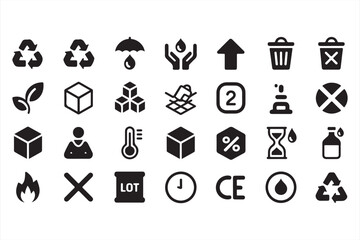 Variety of Black and White Symbols for Safe Recycling, Packaging, and Hazard Management