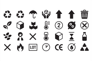 Environmental and Safety Icons: Black and White Symbols for Recycling and Packaging