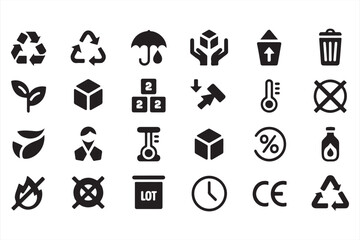 Icon Collection: Recycling, Packaging, and Safety Symbols in Black and White