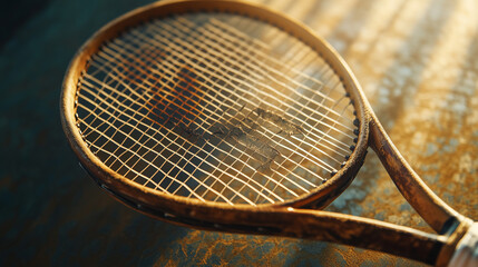 Old leather tennis racket leaning on a rustic surface with warm light illuminating its details