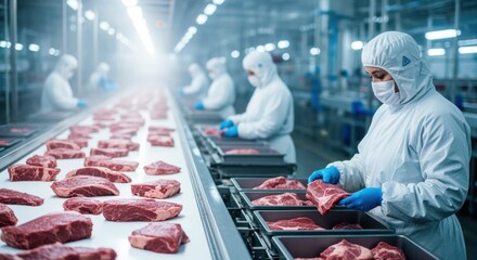Automated conveyor belt with staff in isolation suits sorting raw beef cuts