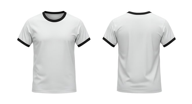 A white ringer tshirt with black trim, shown from front and back, isolated on white
