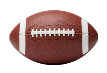 High-quality brown leather football with white laces and seams, isolated on a transparent background, cutout PNG