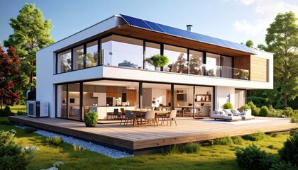 Fototapeta premium Modern Eco-Friendly House with Solar Panels and Spacious Deck Area