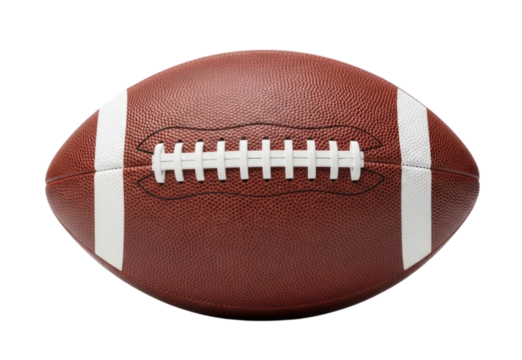 High-quality brown leather football with white laces and seams, isolated on a transparent background, cutout PNG