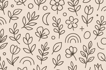 Whimsical hand drawn botanical elements and celestial motifs pattern
