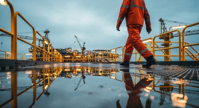 Oil rig worker walking on wet platform at offshore site with safety gear and industrial equipment.