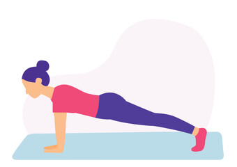 Woman in plank pose flat yoga vector. Flat vector of yoga plank position. Minimalist plank pose yoga artwork.
