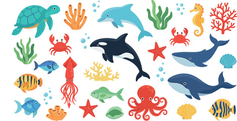 Hand drawn sea animals set. Wild marine life, seashells, fish, seaweed and corals