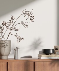 Modern Minimalist Interior with Poster Frame Mockup on Wooden Sideboard – Japandi Home Decor and Natural Light – 3D Rendering