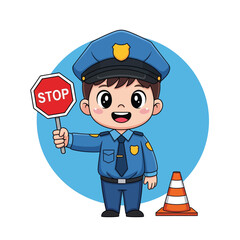 Policeman Holding a Stop Sign with a Traffic Cone Vector Illustration