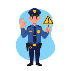 Police Officer Giving Warning Sign Cartoon Vector Illustration: Male Cop Character Holding a Yellow Exclamation Mark Triangle and Showing a Stop Hand Gesture for Caution