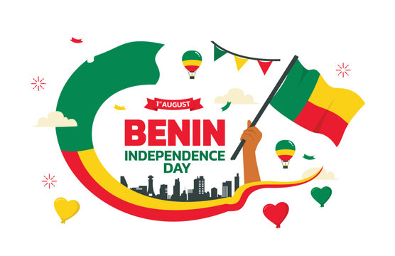 Benin Independence Day design, August 1st design element banner template with city circle ribbon and hand holding flag, Benin map and flag