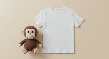 A cute plush monkey sits next to a blank white tshirt mockup